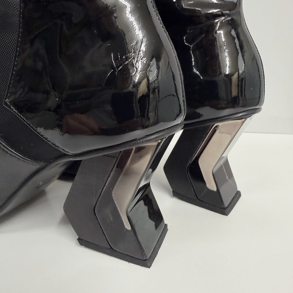 John Fluevog Leather High Ankle Boots Booties Black Sculpted Heels Dust Bag Sz 8 - Picture 7 of 10